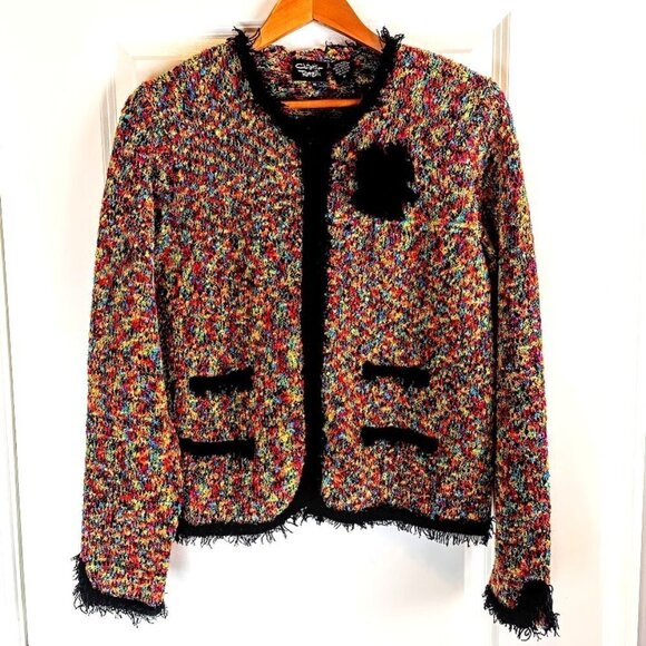 Christina Rotelli Multicolor Woven Knit Fringed Cardigan Sweater - Picture 1 of 5